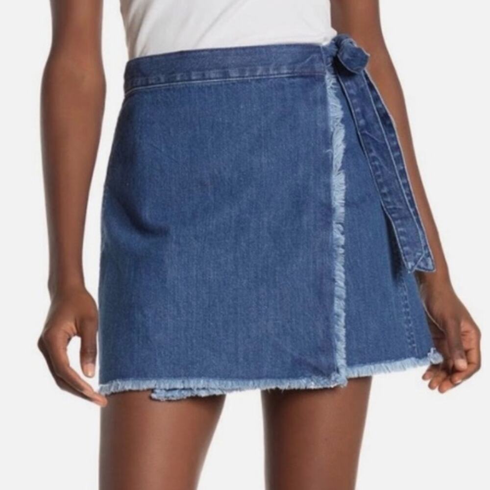Madewell Denim Wrap Mini Skirt Blue Raw Hem Tie Front Casual Minimalist 0 XS